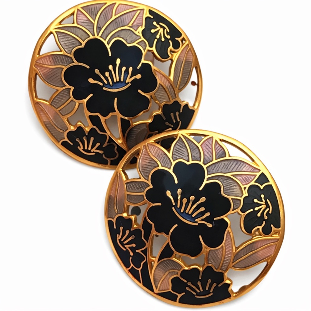 Vintage Gold Tone Cloisonné Style Floral Disc Statement Earrings